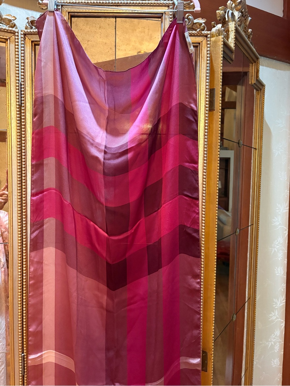 Burberry Plaid Silk Long Oblong Scarf -  Wrap in Rich Berry Tones